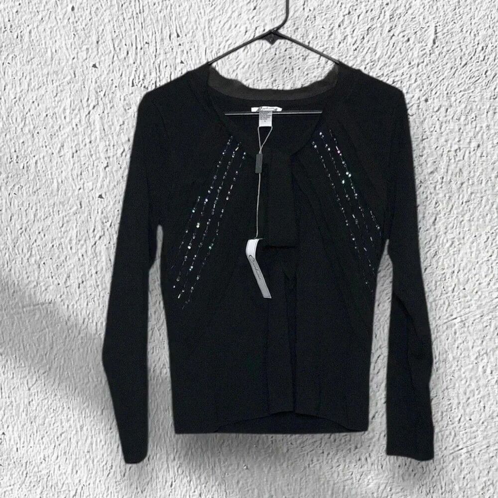 Black Bow Tie Blouse Size L Beaded Long Sleeve Cardigan Top Sequined Women